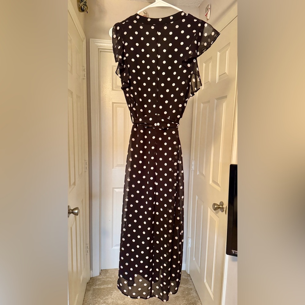 Who What Wear, Black and White Polka Dot Maxi Dress with tie belt waist.
